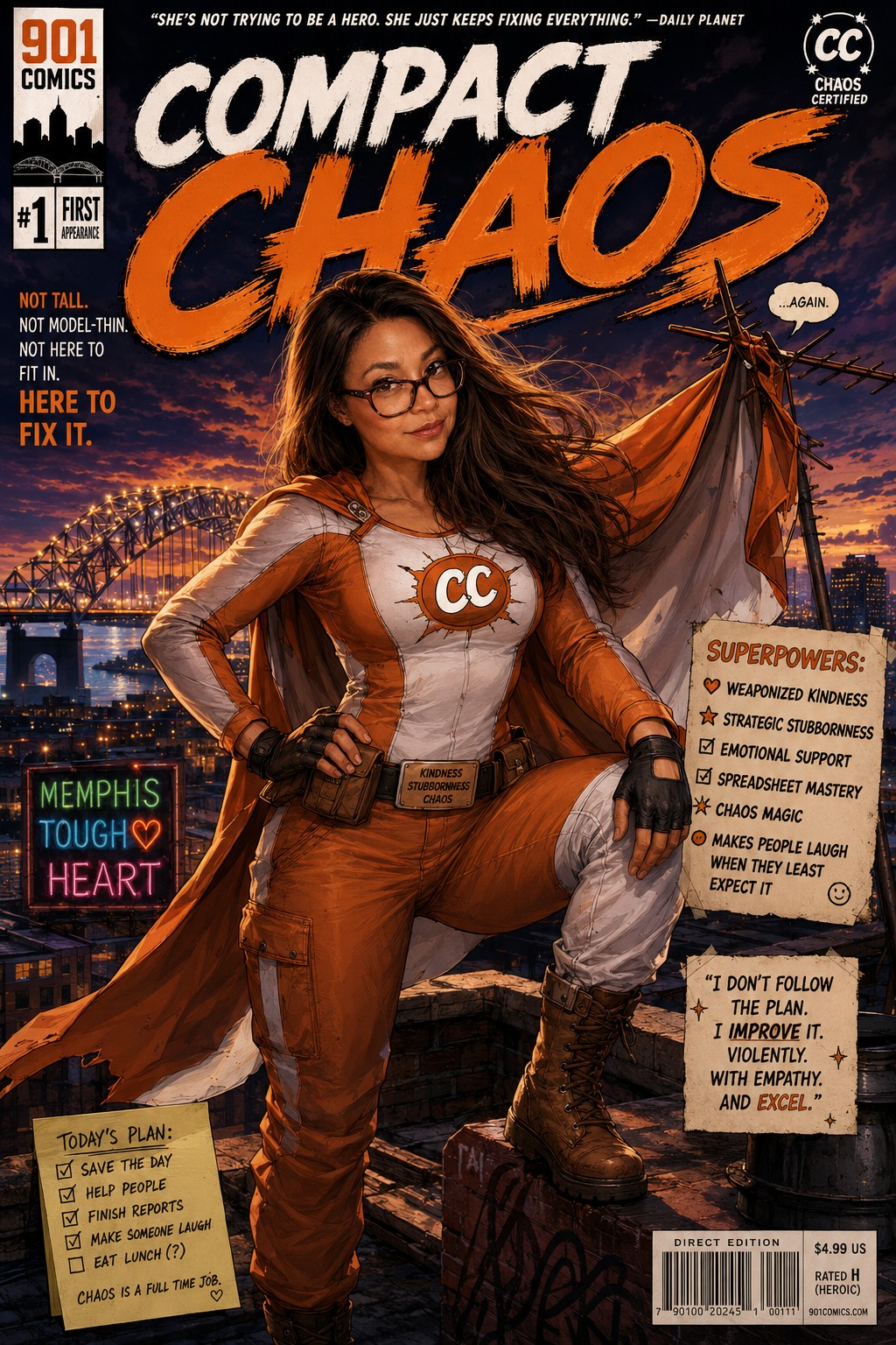 Comic-book cover art of Compact Chaos, the Nerdy by Nature Customs mascot, standing on a Memphis rooftop